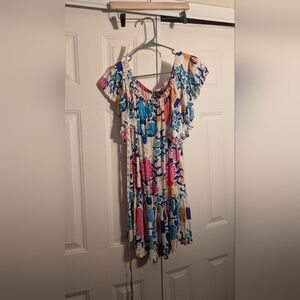 Rachel Off Shoulder Midi Dress Blue Pink